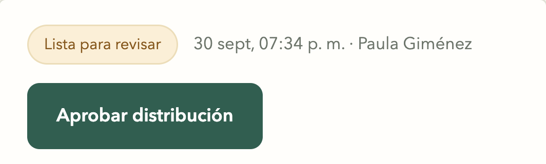 Vista de la organizadora: distribución lista para revisar, con el botón Aprobar distribución.